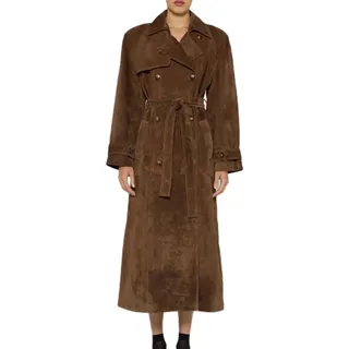 Warmer Und Bequemer Langer Mantel Mit Gürtel Für Damen, Langer Trenchcoat Aus Wildlederimitat Mit Leopardenmuster Für Damen, Zweireihiger Cabanmantel Mit Revers, Mantel Mit Gürtel (Braun,L)