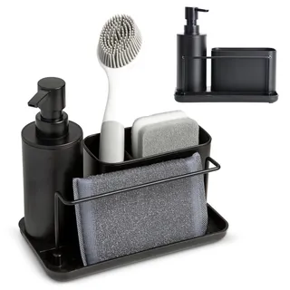 Kook Time Spülbecken Organizer und Spülmittelspender Küche Set - Seifenspender mit Schwammhalter und Spülbürste Halterung, Ideal für Küchenspüle - Schwarz - 21X12X19 cm.