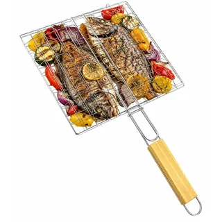 Grillgitter 23x21 cm mit Holzgriff – Grillrost aus Metall für Fisch, Fleisch, Gemüse – Wiederverwendbarer Grillkorb BBQ Grillzubehör für Holzkohlegrill, Camping, Garten und Outdoor