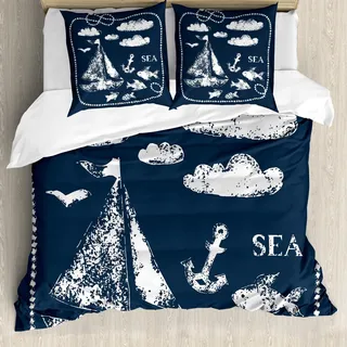 ABAKUHAUS Navy blau Bettbezug Set, Meer Themad Hand Druck Grunge Elemente Marine Unterwasser Yacht Cruise Collection, 155 x 220 cm + 80 x 80 cm, Weiß - Weiß