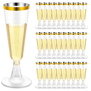 lbxtswpl Sektgläser Plastik, 30 Stück Sektglas, 150 ML Weingläser Cocktailgläser Mehrweg Plastik Sektkelch Mit Goldrand Verziert für Hochzeiten Geburtstage Partys