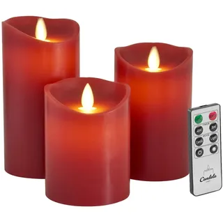 LC Home Candela Lights LED Kerzen Set Rot Stumpenkerze Echtwachs mit Fernbedienung Timer Funktion & mehrstufig dimmbar bewegliche Flamme Echtwachskerzen (Rot, 3er Set)