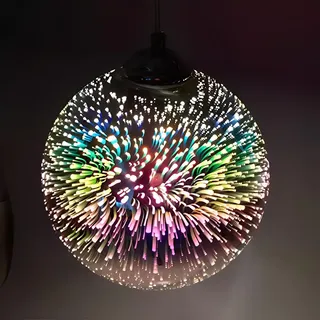 Pendelleuchte 3D Bunte - Pendelleuchte Vintage LED, Kronleuchter, Hängelampe Glas, Feuerwerk Lampenschirm, Bunt Höhenverstellbar E27 Hängeleuchte für Küche Restaurant Schlafzimmer Bar, 25cm (Silber)