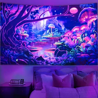 Cyiecw Schwarzlicht Wandteppich Aesthetic, UV Reaktive Pilz Deko Tapestry,Fluoreszierend Pflanzen Sternenhimmel Psychedelische Wald Wandtuch, Wandbehang Schlafzimmer Wohnzimmer Dekoration(200 * 150cm)