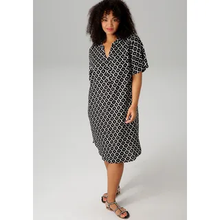 Blusenkleid ANISTON PLUS, Damen, Gr. 50, N-Gr, schwarz-weiß (schwarz, weiß), Web, Obermaterial: 100% Viskose, lässig geschnitten kniebedeckend, V-Ausschnitt, Kleider Blusenkleid, in trendigen Druck, Topseller