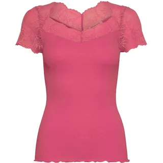 Spitzenshirt ROSEMUNDE "Beatha Lace Capsleeve T-Shirt mit Seide", Damen, Gr. L, rapture rose, Feinstrick, Obermaterial: 55% Seide, 45% Baumwolle, durchscheinend, geblümt, unifarben, eng hüftbedeckend, V-Ausschnitt, Spitze, Shirts Spitzenshirt, wunderschöne elastisch weiche Vintage-Spitze an Ausschnitt und Ärmeln