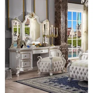 Geschnitzte Barock Möbel Schminktisch Hocker Spiegel Schlafzimmer Kommode 3tlg. - Weiß