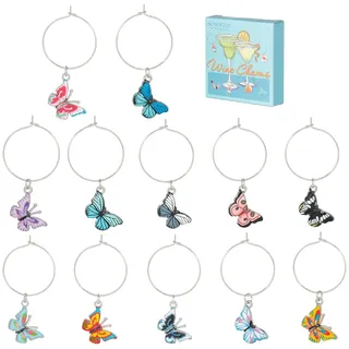 SUNNYCLUE 1 Box 12 Stück Weinglas Anhänger Emaille Schmetterling Weinglas Marker Anhänger Getränkekennzeichnung Silber Messing Perlenreifen Weinglas Ringe Ohne Stiel Für Stielgläser Weinverkostung Pa
