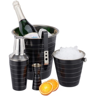 Relaxdays Cocktailset, 5-teiliges Shaker Set, Edelstahl, Shaker 500 ml, Eiseimer, Zange, Flaschenkühler, Barmaß, schwarz, 10024740