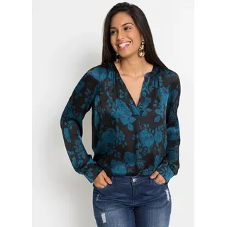 bonprix Tunika moderner Look, gerade Passform, aus Polyester, mit schönem Druck, schwarz, blaupetrol floral