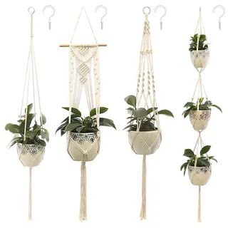 GEEKEO Makramee Blumenampel Hängend Innen, 4er Set Boho Deko Baumwollseil Hängeampel mit Haken, Makramee Blumentopf Hängend, Boho Zimmer Deko, Hängepflanzen Topf für Balkon Fenster Deko