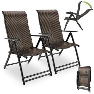Clevich Rattan Liegestuhl 2er Set, Gartenstuhl Hochlehner mit Armlehnen, 7-Fach Verstellbarer, Wetterfester Balkonstuhl, Stabil Klappstühle, Tragfähigkeit 120kg, Klappbarer Gartenliege für Balkon