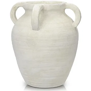 Hohe 30cm Keramikvase Handgemachte Vintage Terrakotta-Vase Tischvase mit Griffen aus Keramik für Deko Wohnzimmer Home Office, Vase für Pampasgras, Rustikales Antikes Dekor, Creme