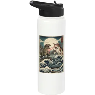 Katze gegen Monster Trex Japanisch-Japanisches Ukiyo-e Art Stainless Steel Insulated Water Bottle