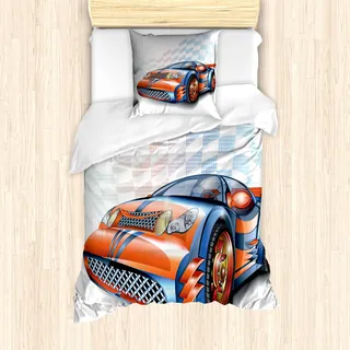 ABAKUHAUS Autos Mantele, Karikatur-Art-Rennwagen, Milbensicher Allergiker geeignet mit Kissenbezügen, 135 cm x 200 cm - 80 x 80 cm, Orange Blau Schwarz - Orange