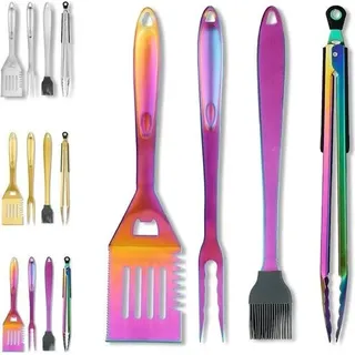 Grillzubehör-Set – 4-teilig, Regenbogen-Titan-Beschichtung, Edelstahl – hitzebeständig und schmelzfest – ideal für Camping und Teppanyaki - Gold