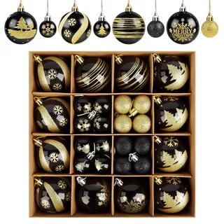 ilauke Weihnachtskugeln, 44 pcs Weihnachtsdeko Plastik Schwarz Gold, 3 & 6cm Christbaumkugeln Baumschmuck Weihnachten für Weihnachtsbaum Party Home Hochzeit Christmas Decorations
