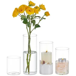 BENECREAT 4 x Zylindervase Aus Glas, 4 Stile Säulen-Glasvasen-Dekorationen, Transparente Vase, Hoher Schwimmender Kerzenhalter Für Zuhause, Büro, Hochzeitsdekoration, Display-Dekorationen