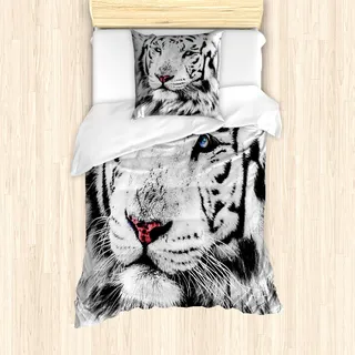ABAKUHAUS Safari Mantele, Winter White Tiger, Milbensicher Allergiker geeignet mit Kissenbezügen, 135 cm x 200 cm - 80 x 80 cm, Grau Schwarz Weiß - Grau