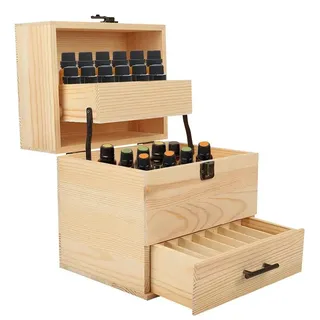 Aufbewahrungsbox für ätherische Öle - Holzkiste - 59 Fächer - 3 Ebenen - 19 x 22 cm - Blau - Blau