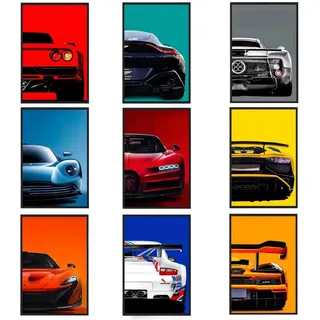 9 Stück Auto Poster SuperCar Poster Leinwand Art Prints Supersportwagen Wall Art für Jungen und Männer Rennwagen-Wandkunst für Büro, Schlafzimmer, Wohnzimmer, Garagendekoration (Unframe, 20 x 30 cm)