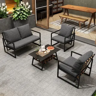 MODFU Gartenmöbel Set 4 Personen, 4er Set Sitzgruppe mit Tisch, Sofa, Sessel und Kissen, Gartenlounge Set mit Stahlrahmen, Terassenmöbel Balkonset, Schwarz - Schwarz