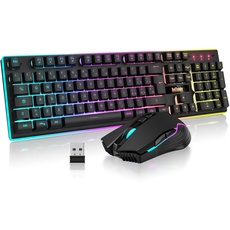 RedThunder K10 Combo Gaming-Tastatur, kabellos, IT-Layout, wiederaufladbarer Akku mit 3000 mAh und LED-Hintergrundbeleuchtung, Anti-Ghosting + Maus 7D 3200DPI für Gamer