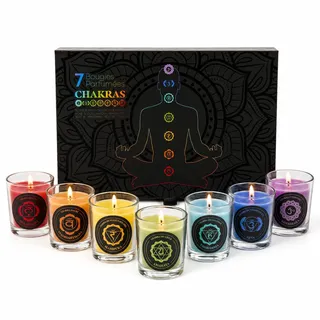 Chakra-Duftkerzen-Set – 7 Meditationskerzen in Geschenkbox – Duftkerzen für Yoga, Achtsamkeit und Entspannung – Spirituelles Geschenk – Mehrfarbig