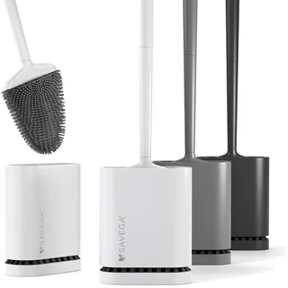 SAVEGA - Silikon Klobürste mit flachem und biegsamem Kopf - Toilettenbürste aus Silikon mit schnell trocknendem Halter - Moderne WC Bürste für die Wandmontage ohne Bohren (weiß, matt) - 1er Set