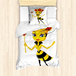 ABAKUHAUS Bienenkönigin Mantele, Cartoon-Stil Bee, Milbensicher Allergiker geeignet mit Kissenbezügen, 135 cm x 200 cm - 80 x 80 cm, Scarlet Schwarz Gelb - Schwarz