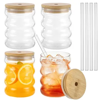 Skdqiee 4er-Set Glasbecher mit Deckel und Strohhalmen, 340 ml Ripple-Trinkgläser, Kaffeemilchbecher aus hochborosilikatischem Glas, klare Spiralgläser für Eiskaffee, Wasser, Cocktails und Tee