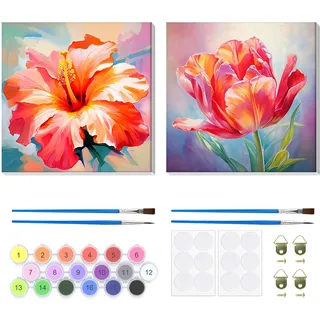 Lxmsja 2 Stück Malen Nach Zahlen Erwachsene mit Rahmen, Malen Nach Zahlen Blume, Diy Set Erwachsene mit Pinseln und Acrylfarben Handgemalt Ölgemälde Leinwand für Home Décor, 20x20cm
