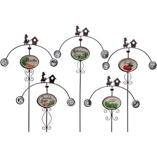 dobar 12830e 5-teiliges Gartenstecker-Set, Metall-Dekostäbe für den Gemüsegarten, Tomate, Salat, Karotte, Bohnen, Zwiebeln, 110 x 40 cm, Braun