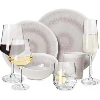 Melamin Camping Geschirr Set 4 Personen Amboss Design 16 Teilig + 16 Milano Gläser Wassergläser Weingläser Champagner-Gläser Flûtes Tafelgeschirr Picknick BBQ Kochgeschirr