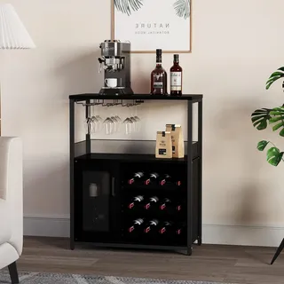 GarveeLife Weinschrank Industrial Küchenschrank Barschrank Mit Verstellbarem Weinregal Und Glashalter Weinregal Mit Abnehmbarem Weinschrank Sideboard Buffetschrank Freistehend, 69x35x92Cm