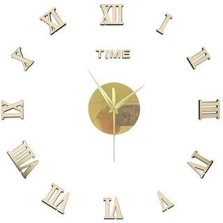 3D DIY Groß Wanduhr Modern,40-50cm Stumm Spiegel Aufkleber Römische Ziffern Ohne Tickgeräusche Uhr aus Acryl Wanddekoration für Zuhause Büro Wohnzimmer Schlafzimmer Küche Büro und Hotel,Gold
