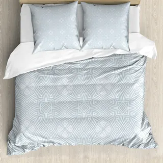 ABAKUHAUS keltisch Bettbezug Set, Blasses Quadrat Und Sternförmige Alte Retro Keltische Knoten Muster, 200 x 200 cm + 80 x 80 cm, Blassblau Grau