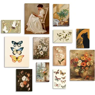 Dazzlewall Vintage Eklektische Wanddekoration Poster Rustikale Blume Schmetterling Leinwand Poster für Schlafzimmer Wohnzimmer Dekor Ungerahmt Satz von 12