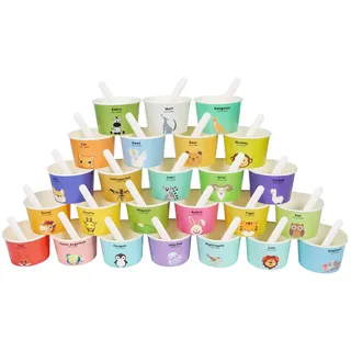 Yanghad Papier Einweg Eisschalen eisdiele eisbecher mit 25 Tierfiguren und Buchstaben, 25PCS Paper Dessertbecher 6 oz 180 ml mit 25 löffel