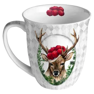 Porzellan Tasse ca. 400ml Becher Bone China für Tee oder Kaffee Herbst Winter Weihnachten Hirsch