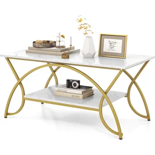 COSTWAY Couchtisch mit Ablagefläche, 2-stöckiger rechteckiger Sofatisch, Beistelltisch mit Kunstmarmor & Metallrahmen, für Wohnzimmer, Lounge, 100x50x45cm - Weiß, Gold