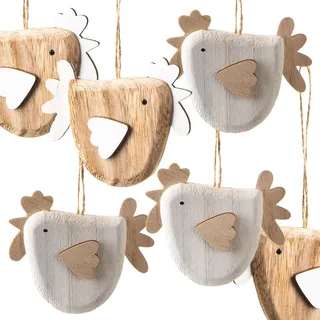 Logbuch-Verlag 6 Hühner aus Holz Ostern Deko zum Aufhängen Osterstrauch Anhänger Hahn und Henne Holz 9 x 7,5 cm