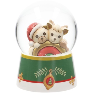 THUN, Boule de Neige mit Teddy und Rentier Robin mit Regenbogen aus Harz, Keramik und Glas, große Version, Weihnachtswünsche, 10 cm