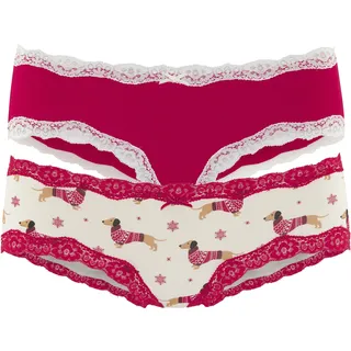 Hipster LASCANA, Damen, Gr. 48/50, 2 Stk., rot (rot, beige), Jersey, Obermaterial: 95% Baumwolle, 5% Elasthan. Spitze: 90% Polyamid, 10% Elasthan. Zwickel: 95% Baumwolle, 5% Elasthan, bedruckt, Unterhosen Hipster, mit floraler Spitze