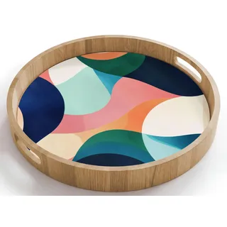 OnlyWow© Holztablett Küchentablett Servier Tablett Eiche Serviertablett | 40x40 cm - Rund - Eichenholz Servierplatte Mit Henkel Kaffeetablett Abstrakt - Blau - Rosa