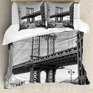 ABAKUHAUS Landschaft Bettbezug, Brooklyn, New York, Milbensicher Allergiker geeignet mit Kissenbezügen, 155 cm x 220 cm - 80 x 80 cm, Charcoal Grau Weiß - Weiß