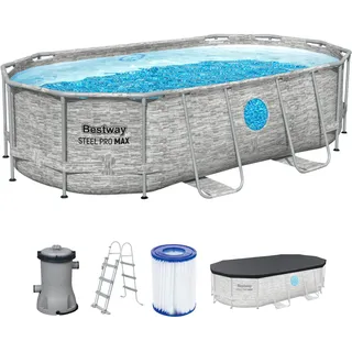 Bestway Power Steel Swim Vista Series Frame Pool Komplett-Set mit Filterpumpe 427 x 250 x 100 cm, Steinwand-Optik (Cremegrau), oval