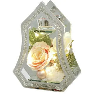 Flair Flower Teelichthalter aus Glas mit Kerze LED Licht Kunstblume Rose Tannenzweigen Weihnachtskugeln Kerzenhalter Deko-Objekt Lampe Weihnachtsdeko Deko Weihnachten Glas Geschenk Dekoobjekt Ornamente 3D Bild