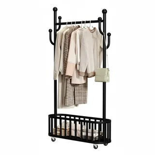 GarveeHome Schwarzer Freistehender Kleiderständer Aus Metall Mit Rollen Stabiler Garderobenständer Mit 4 Haken, Ablagekorb Vielseitig Für Schlafzimmer, Flur, Waschküche – 80cm Schwarz