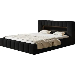 Polsterbett AMBER mit LED Beleuchtung Doppelbett 120 x 200 cm mit Lattenrahmen und Bettkasten, Farbe: Schwarz - Schwarz